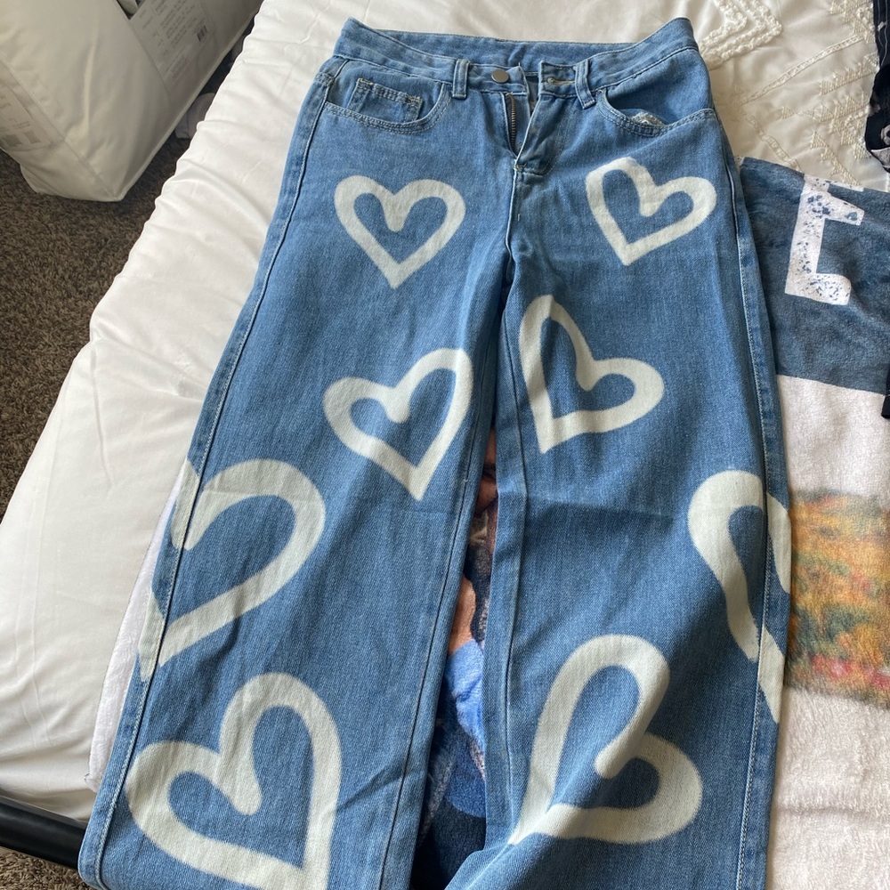 Never been worn! Amazon high waisted straight leg denim with hearts